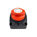 Red and black battery disconnect isolator switch with battery symbol on top, product alone on white background.
