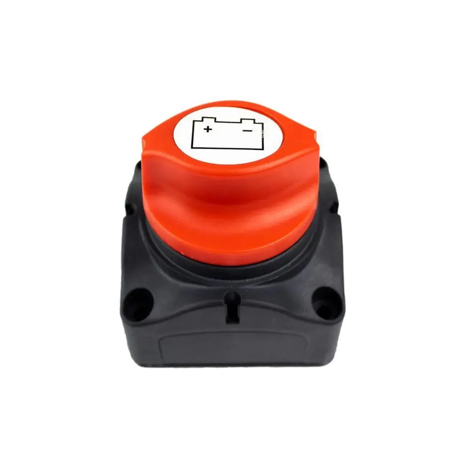 Red and black battery disconnect isolator switch with battery symbol on top, product alone on white background.