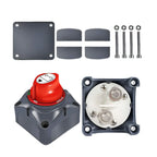 Battery disconnect isolator switch components laid out flat: gray mounting plate, cable covers, bolts with nuts, red rotary s