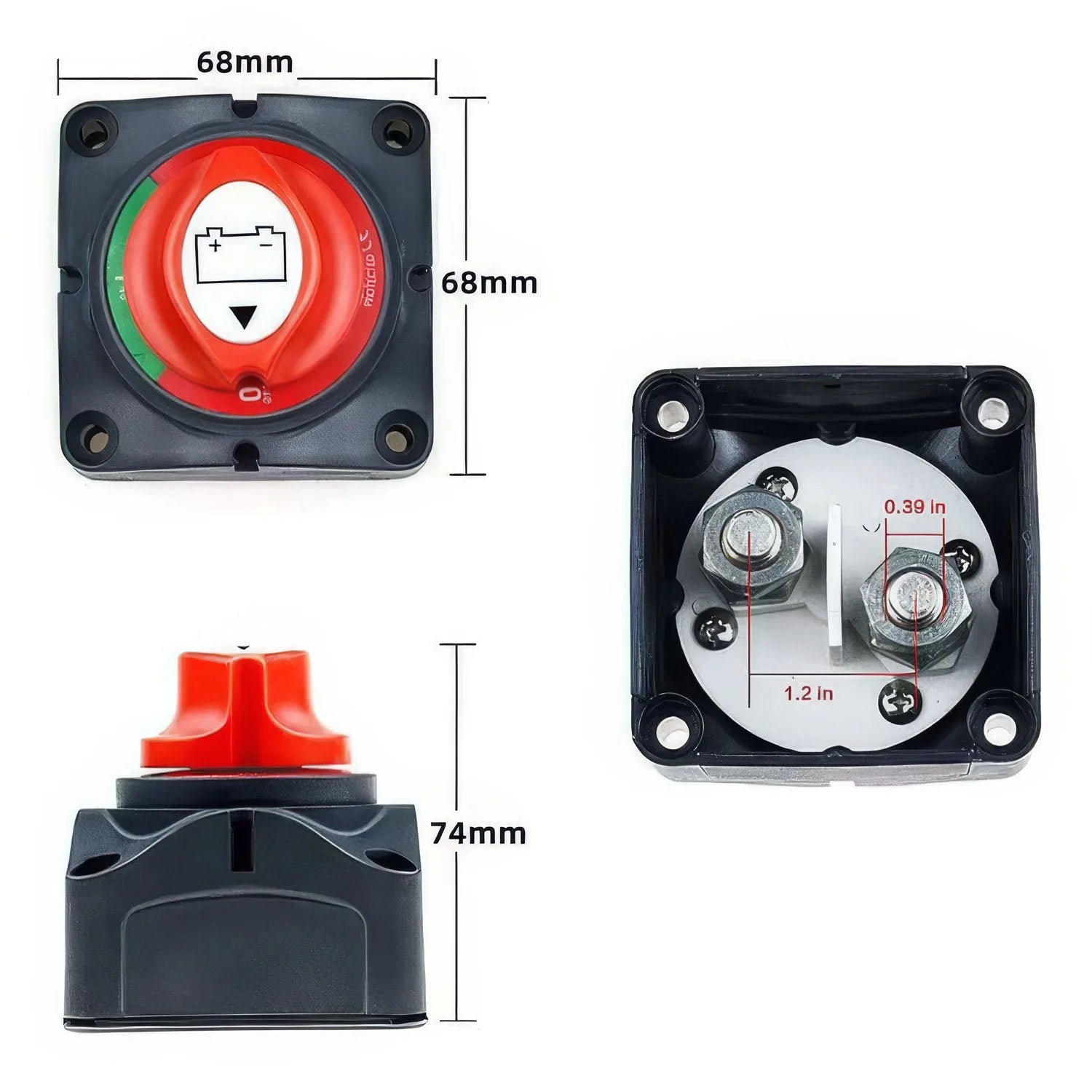 Battery disconnect isolator switch with red rotary knob, showing front view, internal terminals with measurements, and base p