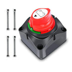 Battery disconnect switch with red knob and green indicator ring, shown with mounting bracket and four chrome bolts.