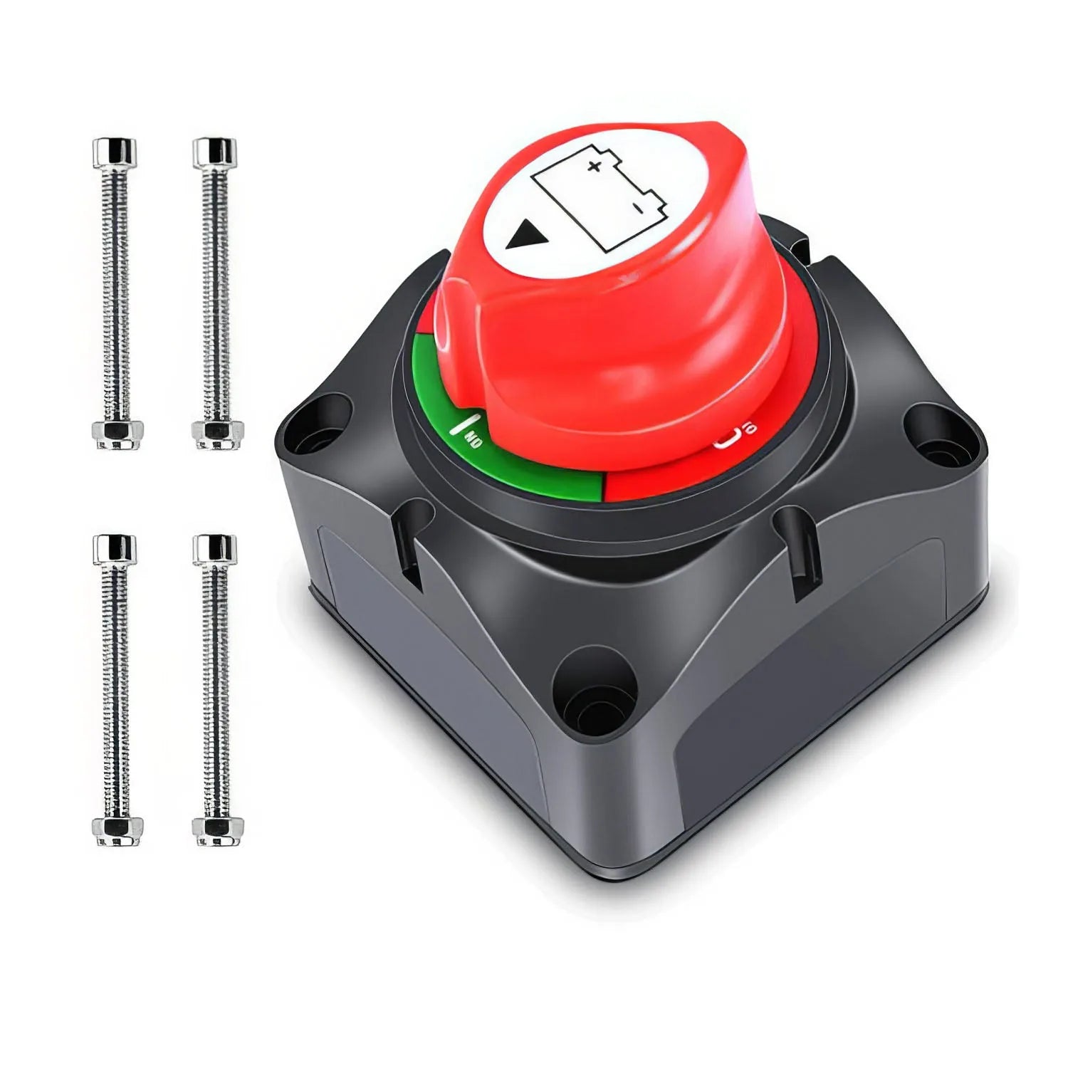 Battery disconnect switch with red knob and green indicator ring, shown with mounting bracket and four chrome bolts.
