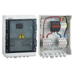 Solar PV DC combiner box shown closed on left and open on right displaying internal circuit breakers, wiring, and terminals w