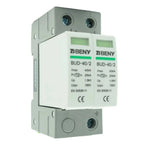 BENY BUD-40/2 surge protection device with dual modules mounted on DIN rail, showing specifications including 40kA maximum cu