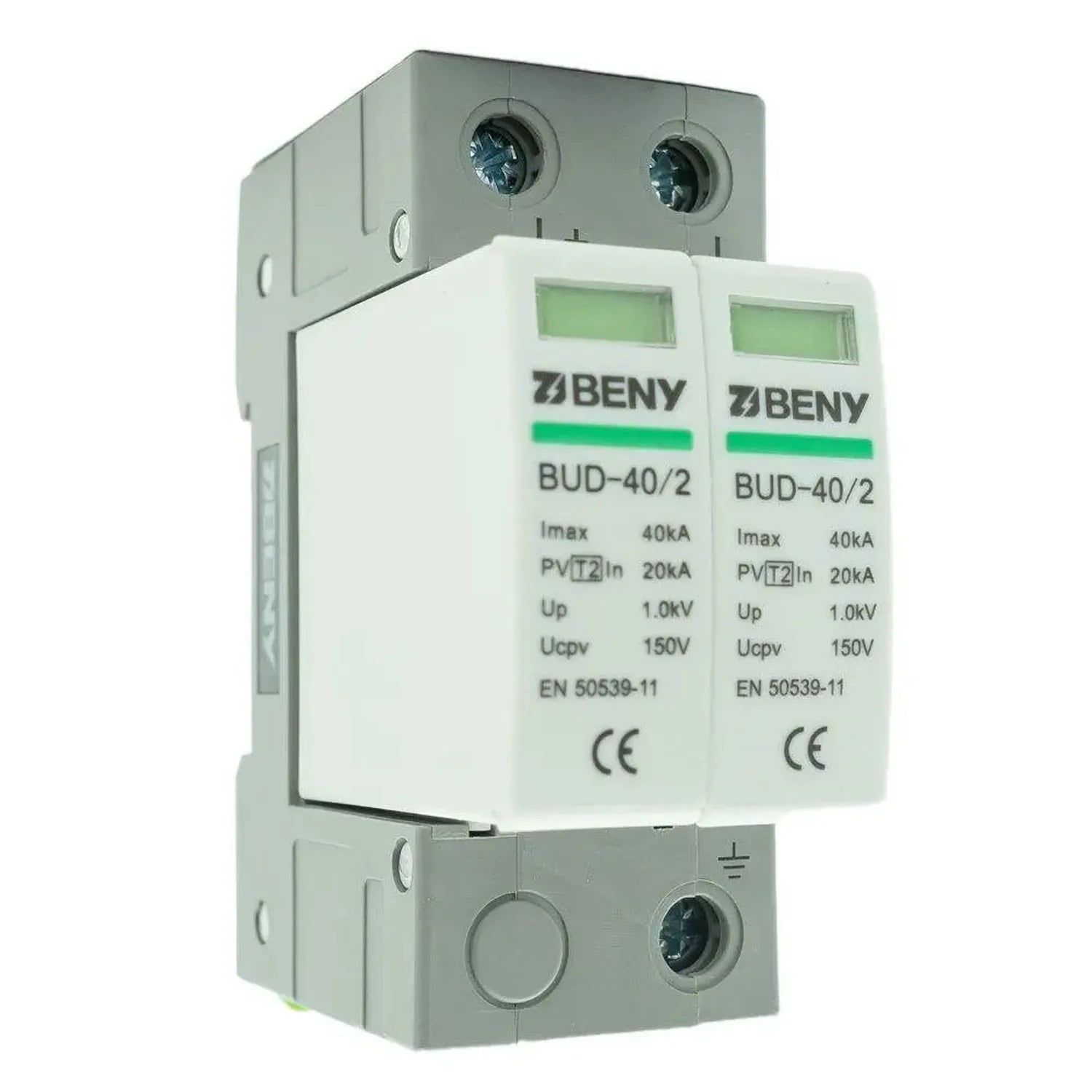 BENY BUD-40/2 surge protection device with dual modules mounted on DIN rail, showing specifications including 40kA maximum cu
