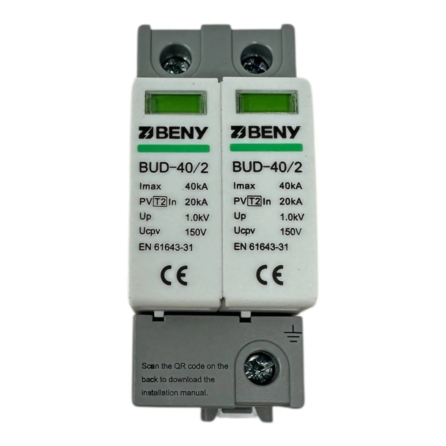 BENY BUD-40/2 surge protection device with dual modules, green display indicators, and terminal connections mounted on DIN ra