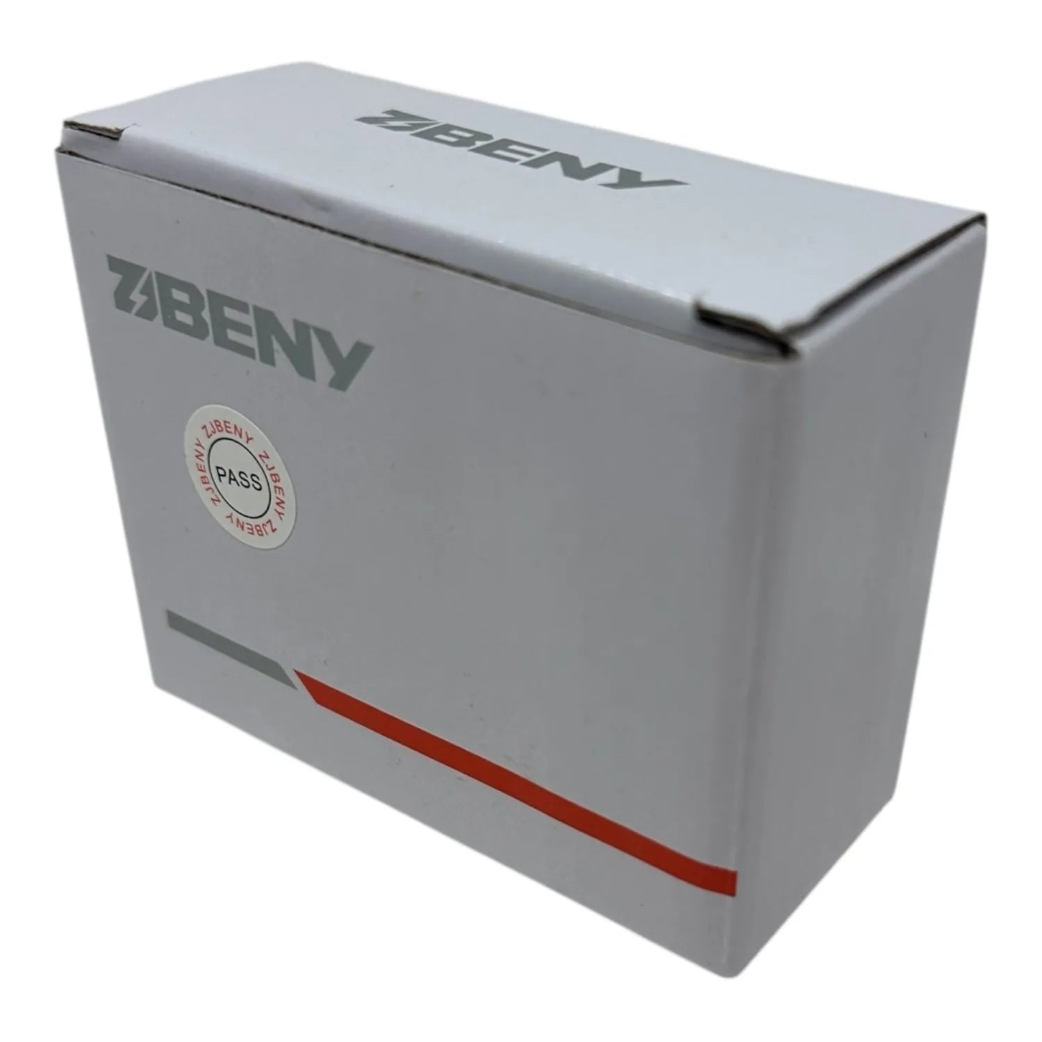 White Zibeny product box with "PASS" certification seal and red accent stripe, front packaging view.