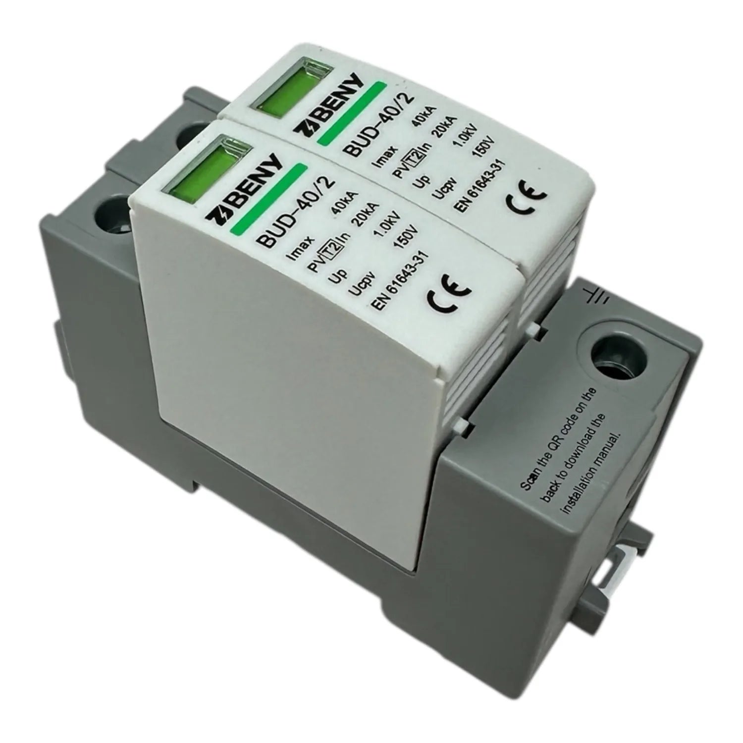 Two-module PV surge protection device with digital displays, rated 40kA, mounted on DIN rail base with gray housing.
