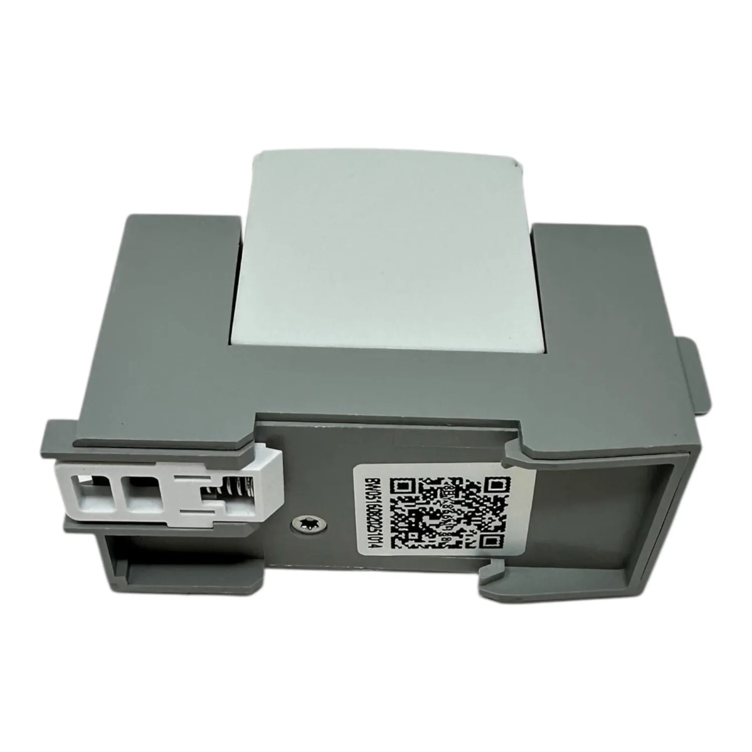 Top-down view of gray PV surge protection device with white connector ports and QR code label on underside.