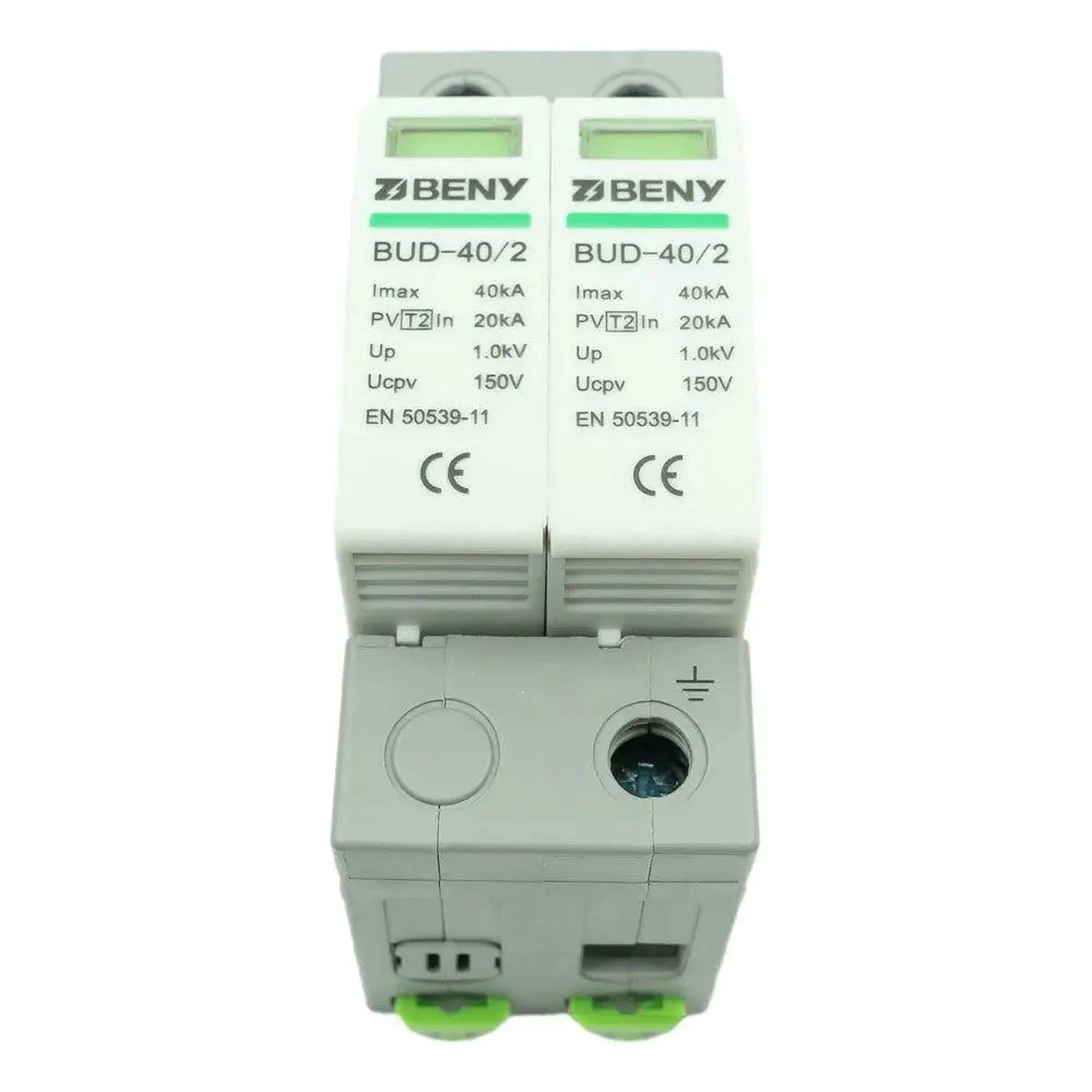 BENY BUD-40/2 dual-module surge protection device with green terminal connectors and LCD displays, front view.
