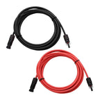 Black and red solar PV cables with pre-crimped MC4 connectors coiled against white background.