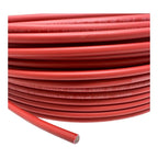 Coiled red solar PV cable with embossed specifications visible on the jacket, showing approximately 50 meters of double-insul