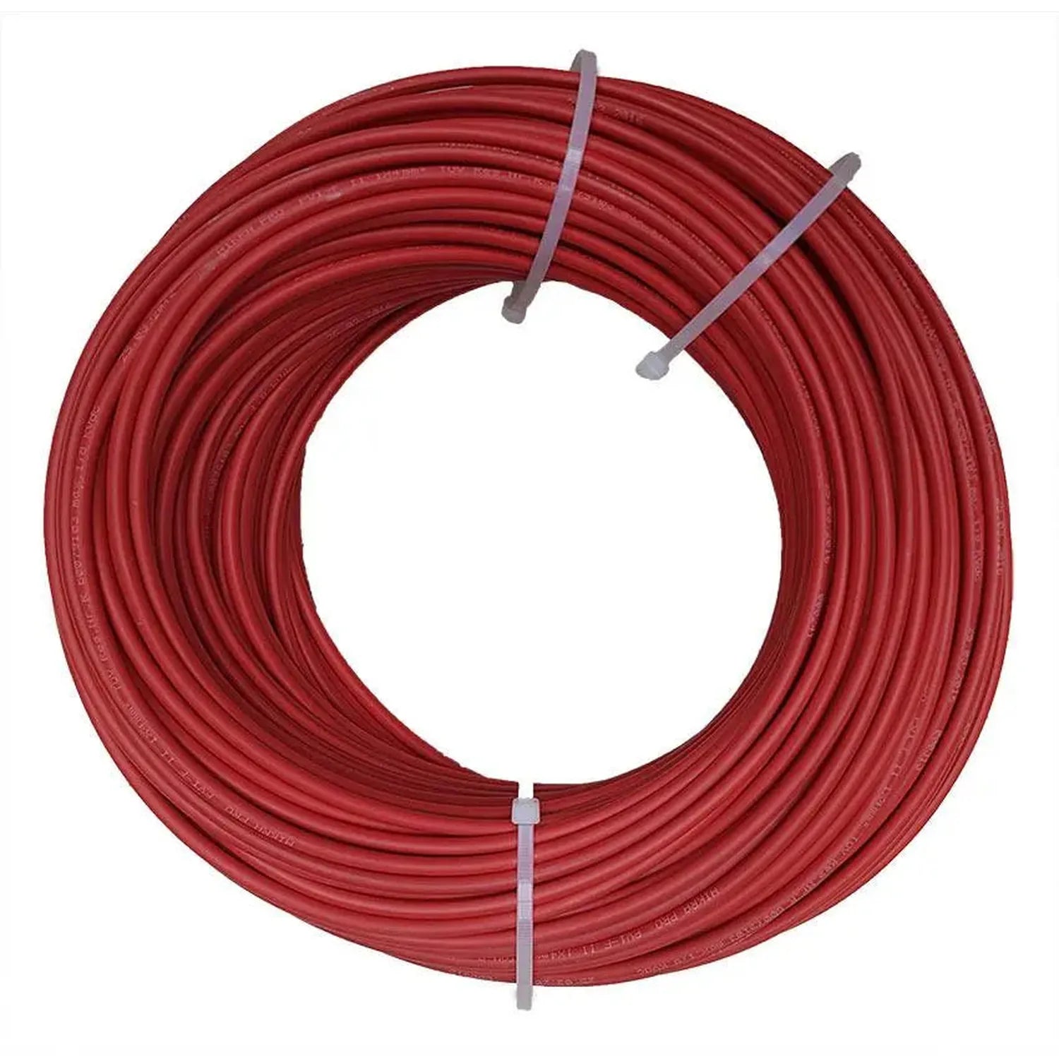 Red coiled solar PV cable on drum with gray tie wraps, product alone against white background.