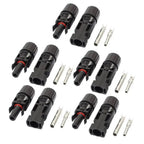 Five MC4 connector pairs with male and female plugs and silver contact pins displayed against white background.