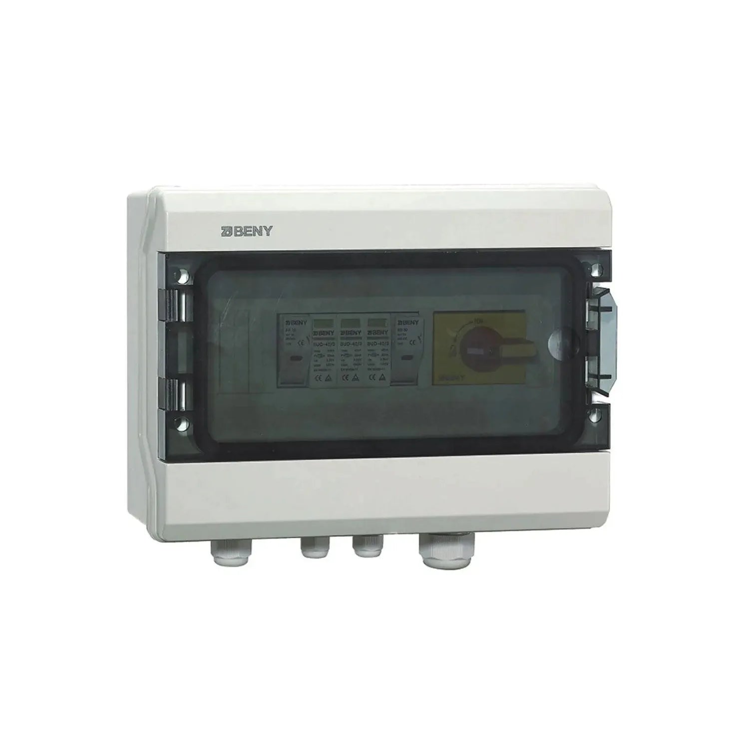BENY PV DC combiner box with white exterior casing, transparent door revealing internal circuit breakers and components, moun