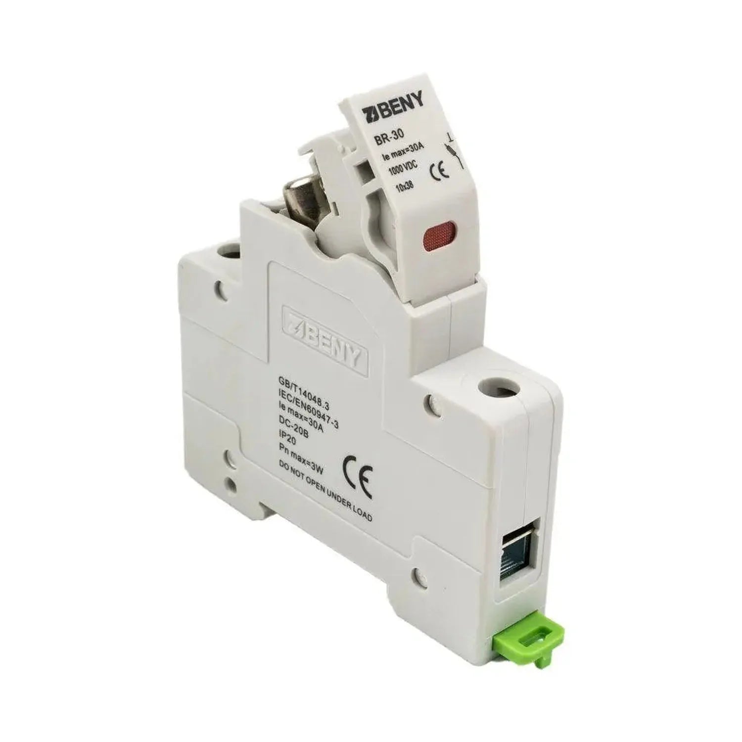 BENY BR-30 solar PV fuse holder with red LED indicator and green terminal block, mounted on DIN rail against white background