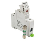 Beny BR-30 solar fuse holder with SPF 15A photovoltaic fuse installed, showing front and top view of white plastic housing wi