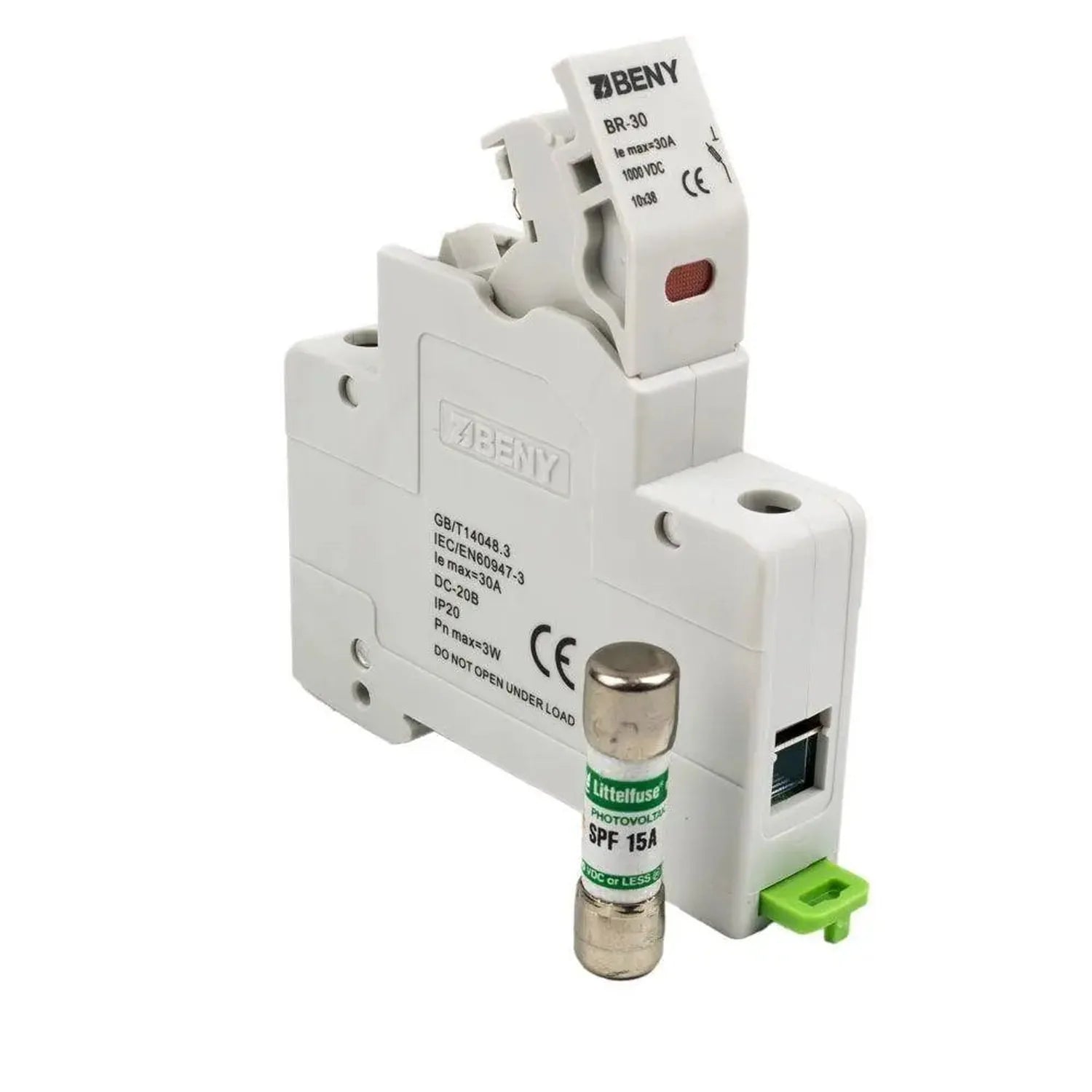 Beny BR-30 solar fuse holder with SPF 15A photovoltaic fuse installed, showing front and top view of white plastic housing wi