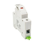 White DIN rail-mounted solar PV fuse holder with red LED indicator, green terminal block, and CE marking label visible on fro