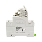 BENY white solar fuse holder with metal terminals and green LED indicator, front view showing specifications label and open t