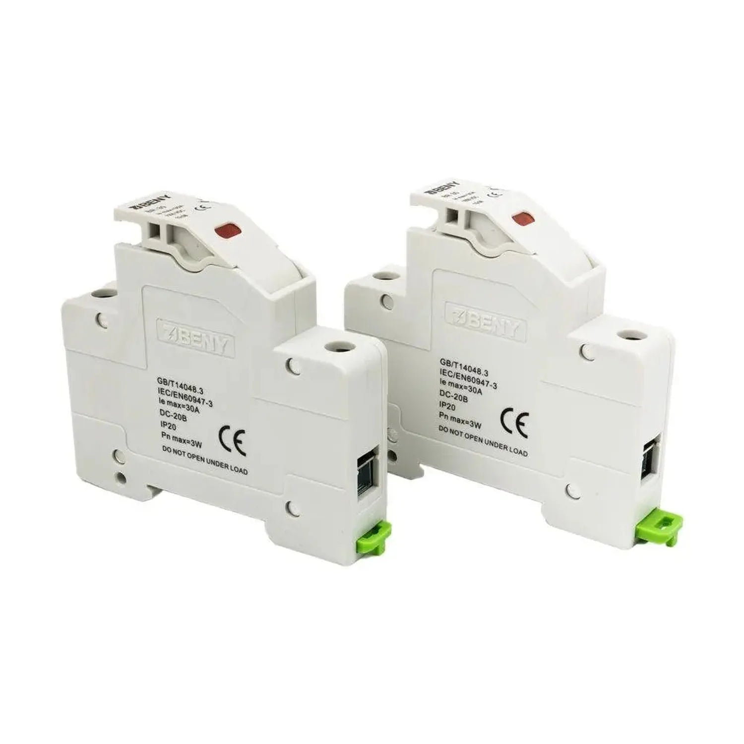 Two white modular DC solar fuse holders with red indicator lights and green terminal blocks, shown from front angle view.