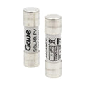 Two cylindrical solar PV fuses with silver end caps, left fuse labeled gPV SOLARPY, right fuse showing AgPV rating and 1000Vd