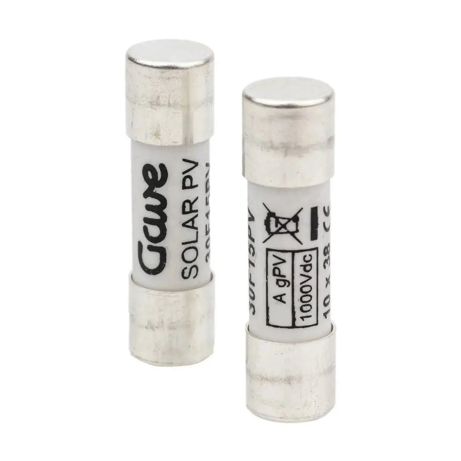 Two cylindrical solar PV fuses with silver end caps, left fuse labeled gPV SOLARPY, right fuse showing AgPV rating and 1000Vd