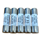 Five cylindrical solar PV string fuses with metal end caps and light blue labels showing specifications including voltage and