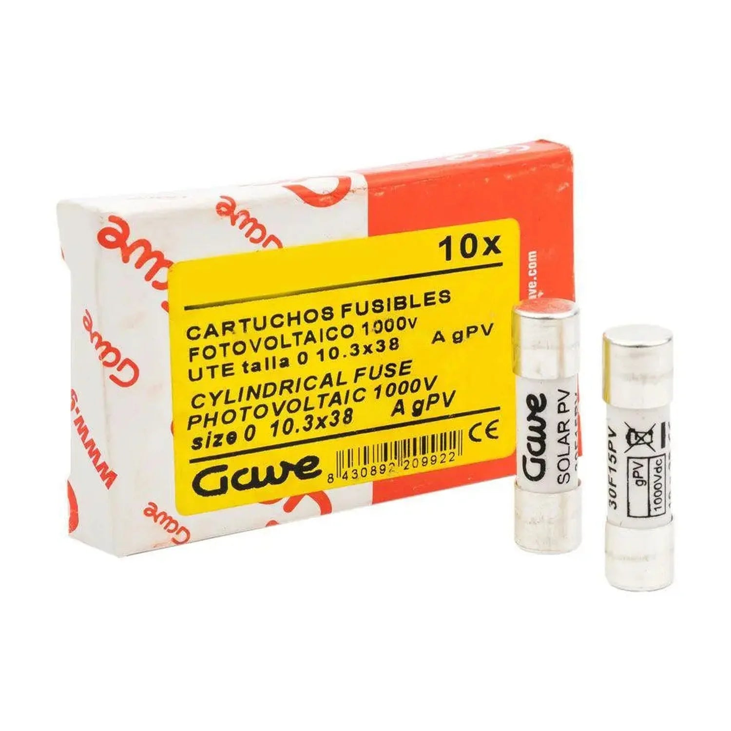 Box and individual cylindrical photovoltaic fuses, 10-pack, size 0 10.3x38, rated 1000V, with product label and CE marking vi