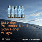 Five cylindrical DC fuses with silver caps and white labels arranged in a row against a solar panel array background, with ta