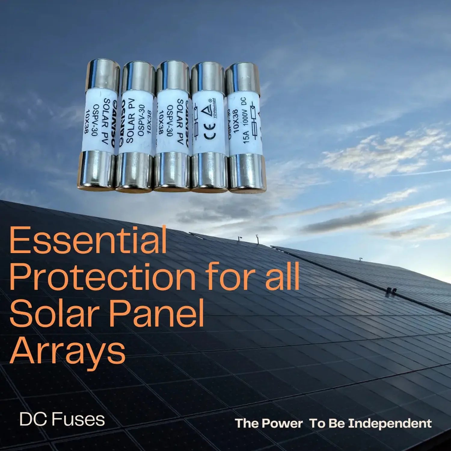 Five cylindrical DC fuses with silver caps and white labels arranged in a row against a solar panel array background, with ta