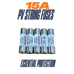Five 15A PV string fuses with metal end caps and white labels, arranged in a row against white background.