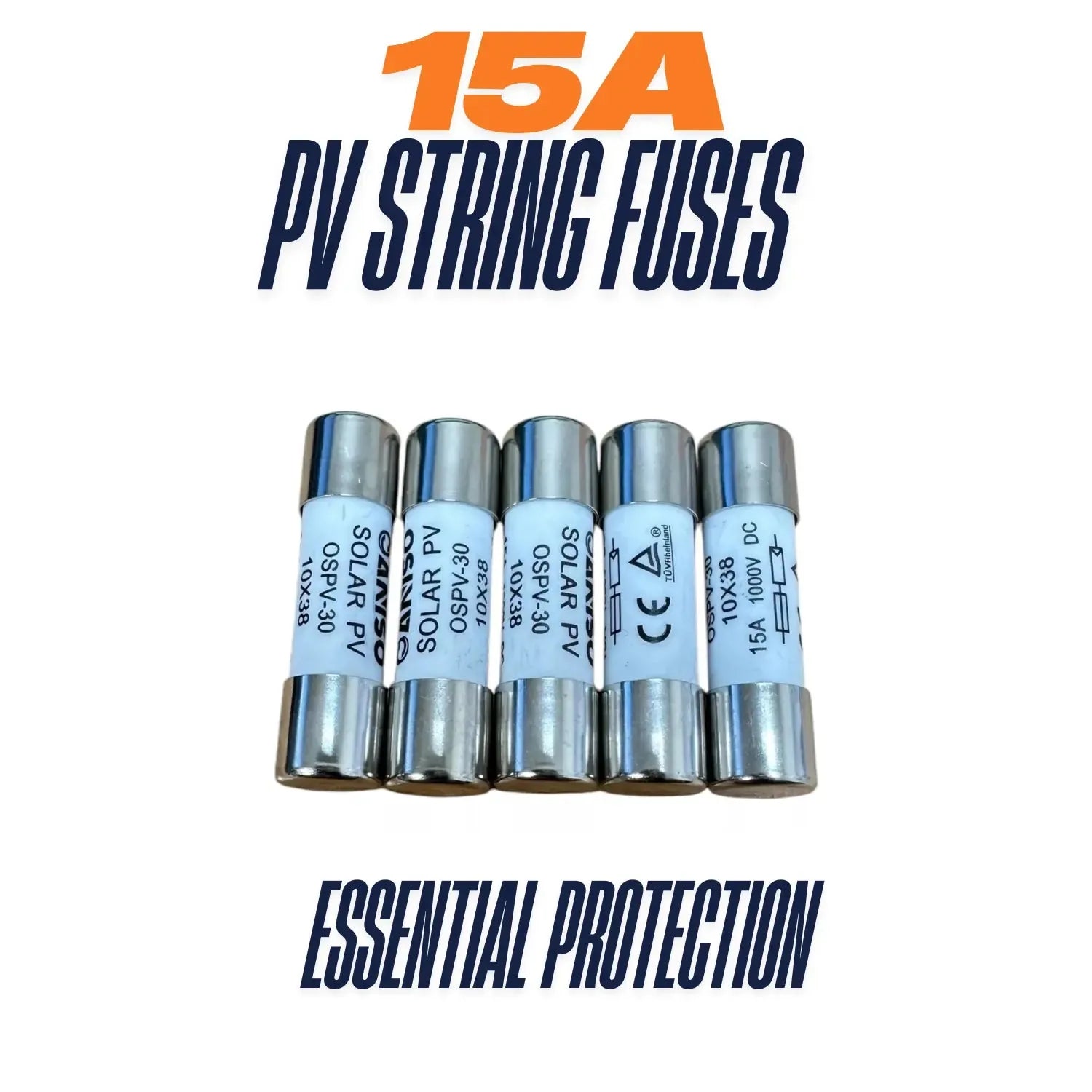 Five 15A PV string fuses with metal end caps and white labels, arranged in a row against white background.