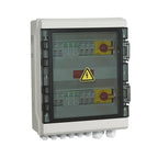 Solar PV combiner box with six input and two output terminals, yellow and black high-voltage warning symbol, two rotary disco