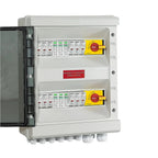White photovoltaic combiner box with two yellow disconnect switches, circuit breakers, and red warning label for solar power 