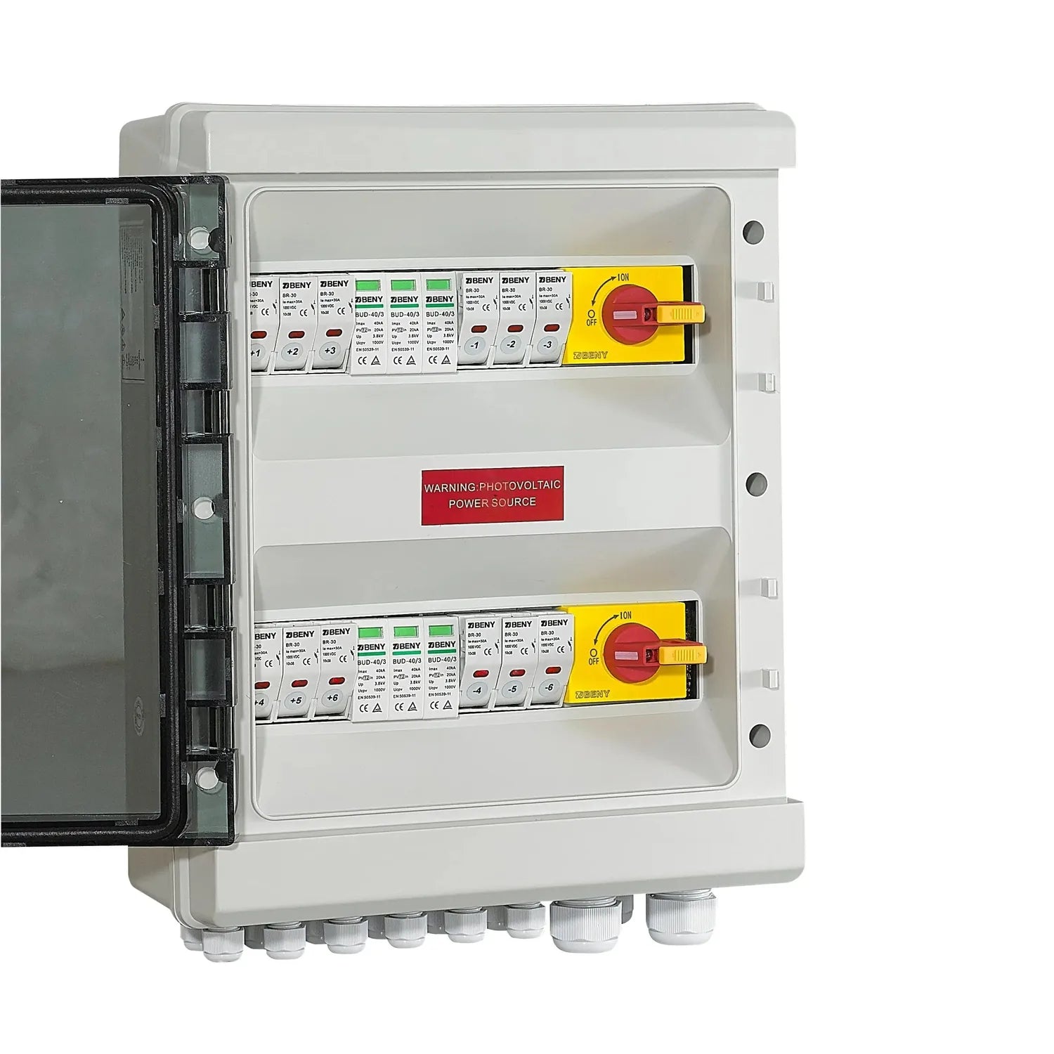 White photovoltaic combiner box with two yellow disconnect switches, circuit breakers, and red warning label for solar power 