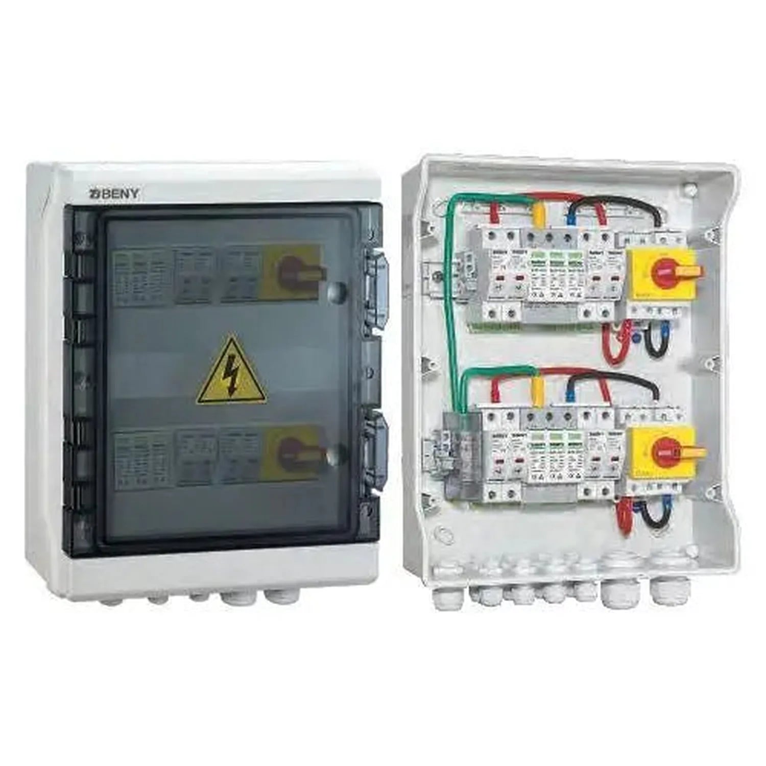 BENY solar PV combiner box shown closed and open, displaying internal circuit breakers, terminals, and safety switches with y