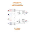 Wiring diagram for dual MPPT output solar PV combiner box showing 3+3 string inputs and 2 outputs with switches, SPD protecti