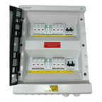 Voltacon IP65 solar combiner box with open door revealing dual SPD sections, multiple ZBENY circuit breakers, and yellow labe