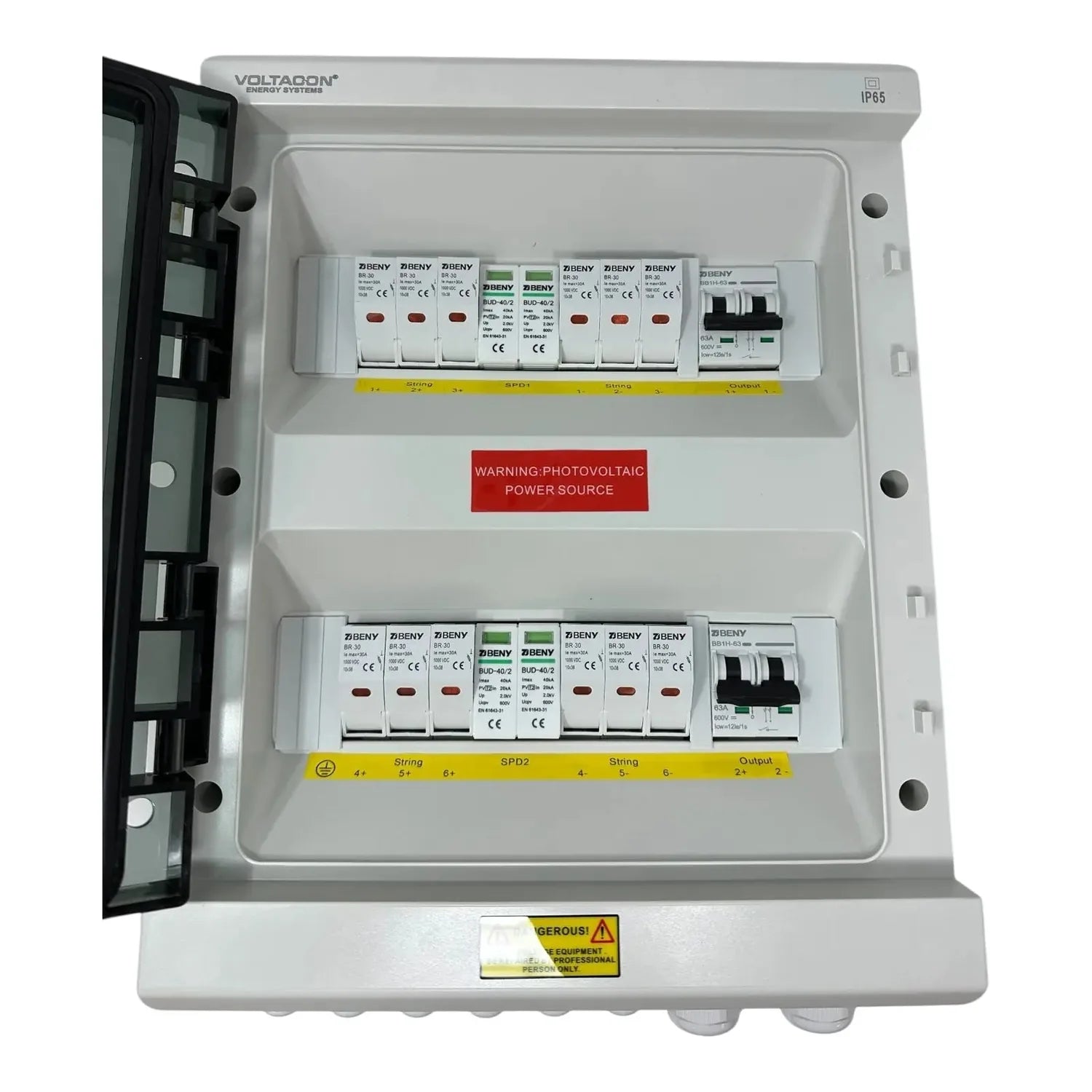 Voltacon IP65 solar combiner box with open door revealing dual SPD sections, multiple ZBENY circuit breakers, and yellow labe