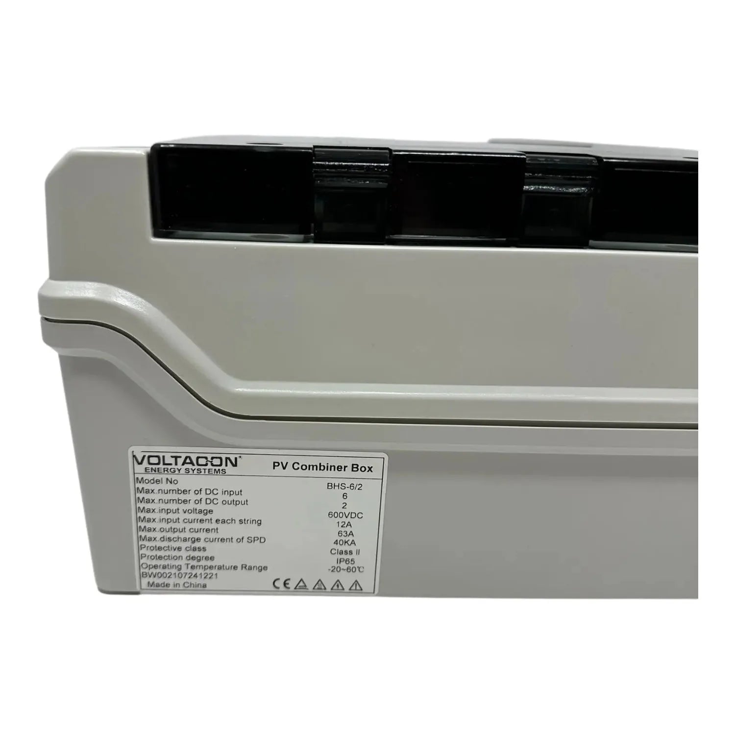 Voltacon PV Combiner Box model BHS-6/2 showing product label with specifications including 600VDC max input voltage and 63A m