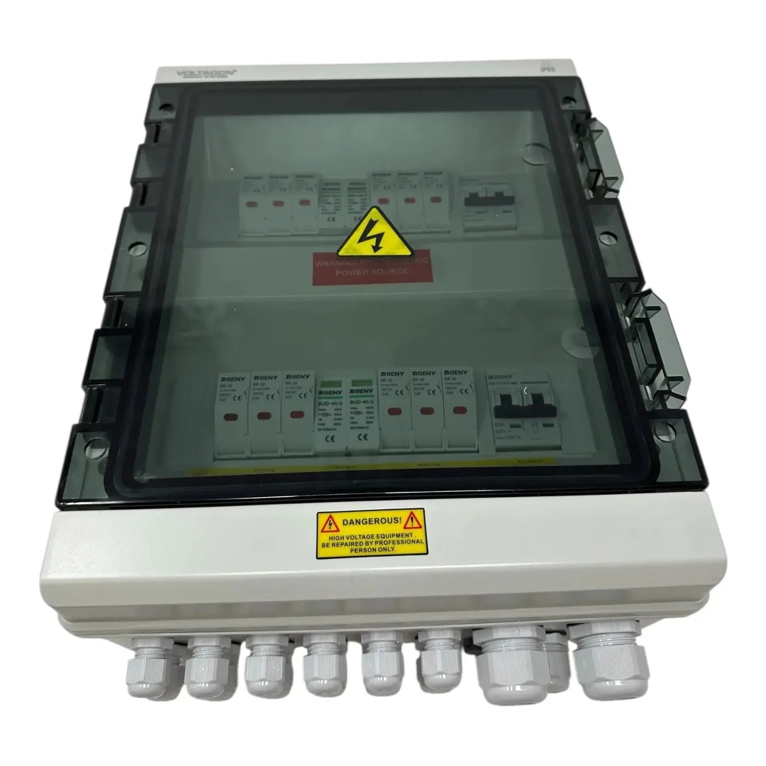 Solar PV combiner box with clear polycarbonate cover showing internal circuit breakers and terminals, mounted on white base w