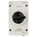 BENY BYH-32 DC isolator switch with black lever handle in ON position, mounted on white faceplate, IP66 rated.