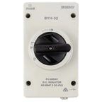 BENY BYH-32 DC isolator switch with black lever handle in ON position, mounted on white faceplate, IP66 rated.