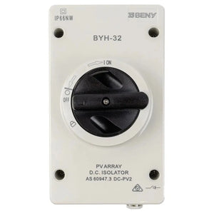 BENY BYH-32 DC isolator switch with black lever handle in ON position, mounted on white faceplate, IP66 rated.