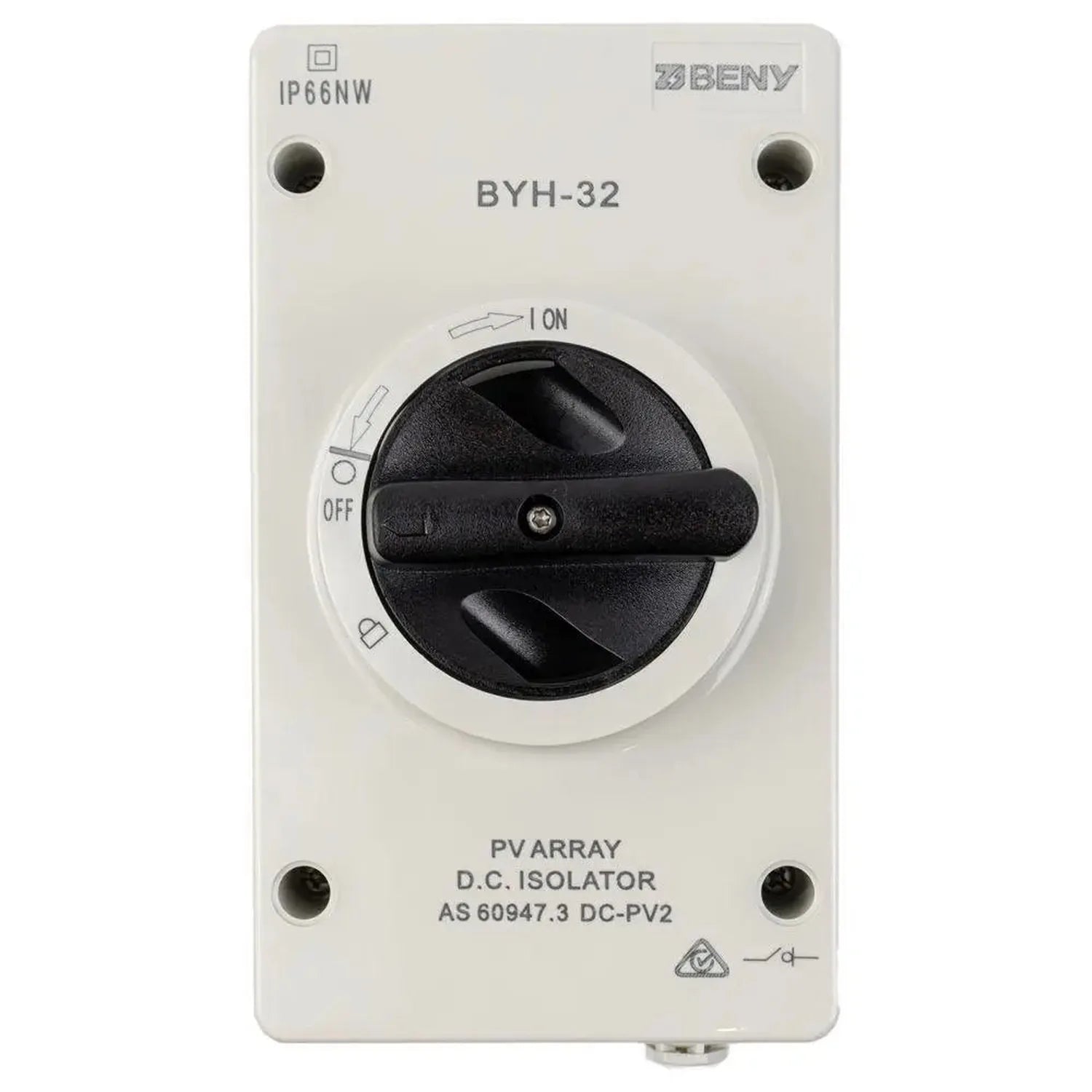 BENY BYH-32 DC isolator switch with black lever handle in ON position, mounted on white faceplate, IP66 rated.