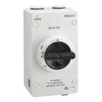 BENY BYH-32 solar DC isolator switch, white enclosure with black rotary lever, IP66 rated, product shot on white background.