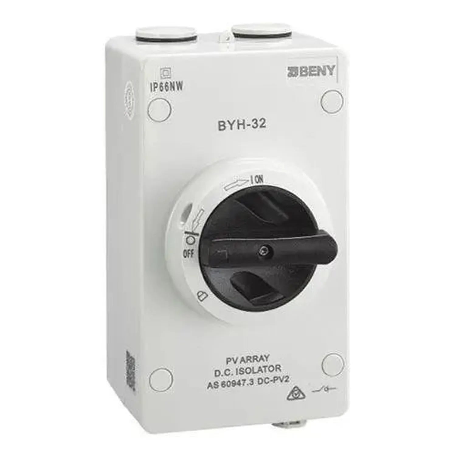 BENY BYH-32 solar DC isolator switch, white enclosure with black rotary lever, IP66 rated, product shot on white background.