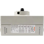 White rectangular solar DC isolator switch with black knob on top, shown from above displaying technical specifications label
