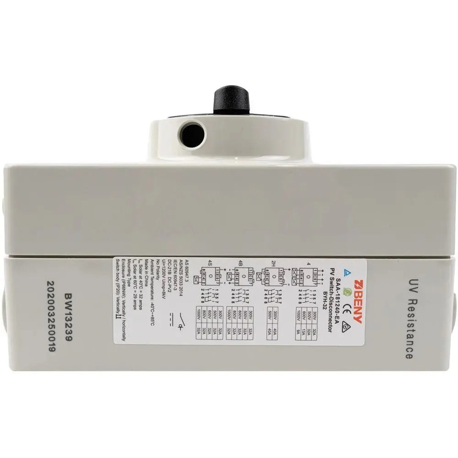 White rectangular solar DC isolator switch with black knob on top, shown from above displaying technical specifications label